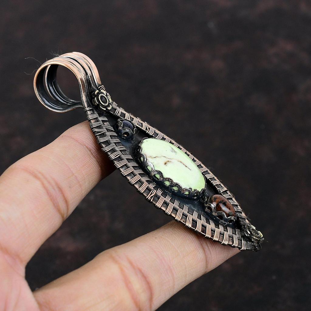Lemon Chrysoprase Pendant Copper Wire Wrapped Pendant Mahogany Obsidian And Blue Sunstone Pendant Handmade Gemstone Jewelry Gift For Mother