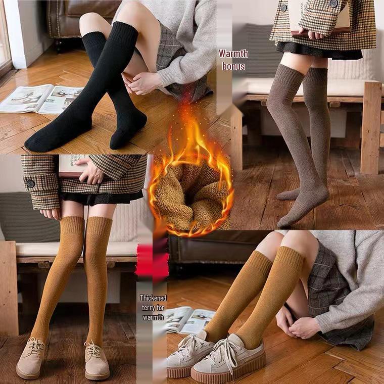 Women's Velvet-Lined Over-the-Knee Terry Socks – Thick, Warm, and Trendy Winter Mid-Tube Knee Pads