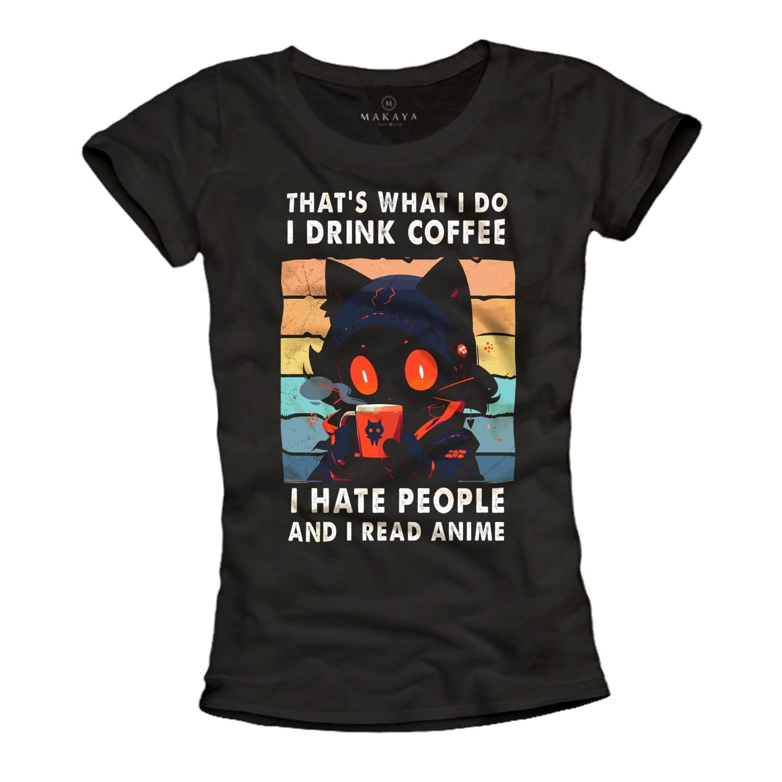 26 Manga Shirt Ladies Girls Women Top Summer Cat Cats Motif Coffee Sayings Top- Unisex T-Shirt L