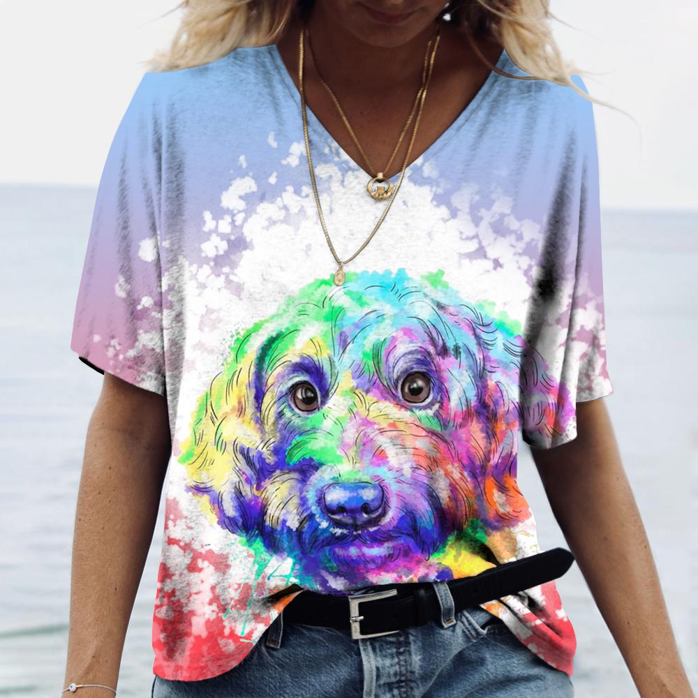 Summer New Women‘s T-shirt Animal Harajuku 3d Print Fashion V-neck Short Sleeve Quality Oversized T-shirt Females Tops Tees