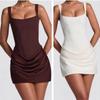 Women's Square Neck Sleeveless Mini Dress Slim Fit High Waist Sexy Fall Solid Satin Ruched Bodycon Cami Dress