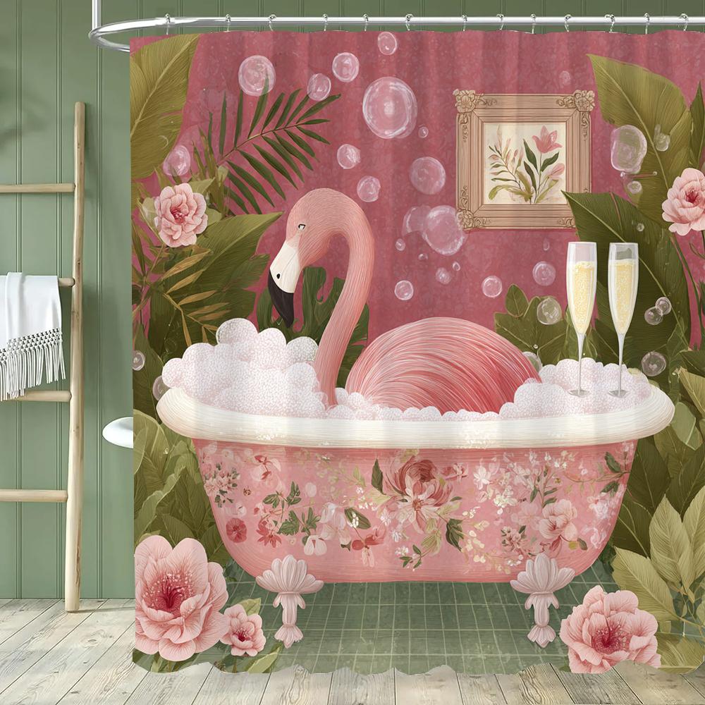 Funny Flaming Bird Bathtub Shower Curtain With Hooks,Tropical Plant Bathroom Curtain,Printed Fabric Home Decoration Curtain