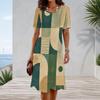Women Plus Size Round Neck Short Sleeve Blue Yellow Geometric Printed A Line Dress