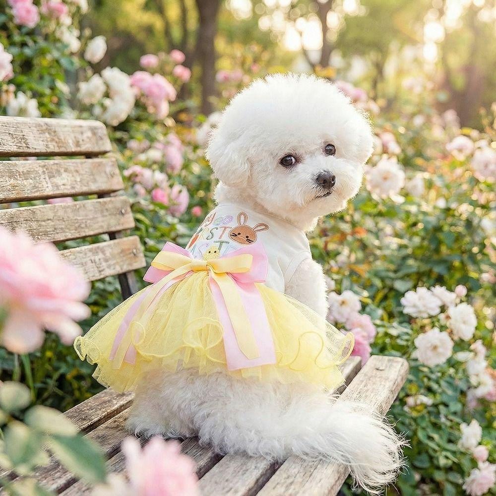 Bowknot Easter Dog Puffy Skirt Rabbit Pattern Breathable Pet Princess Dress Tutu Style Soft Pet Spring Dress Small Dogs