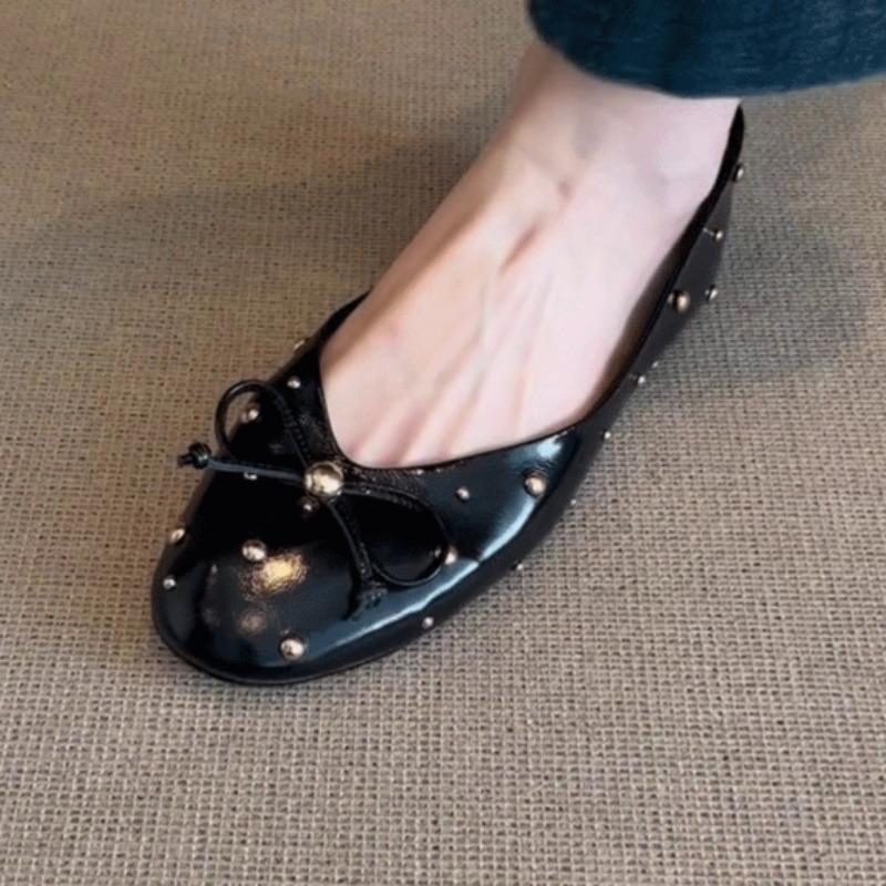 Round Toe Ballet Flats Shoes for Women with Bow 2025 Burgundy Wine White Black