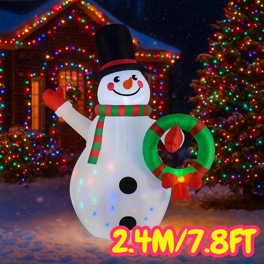 7.8FT/2.4M Inflatable Snowman Waving Holding Christmas Wreath with Lights, Outdoor Yard Decoration
