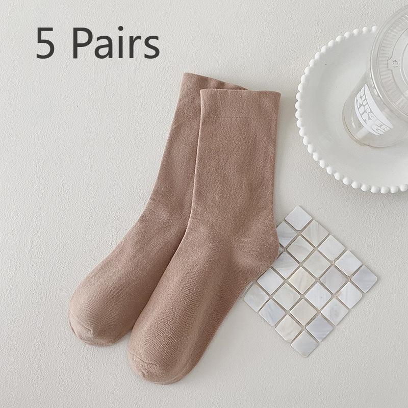5 Paar Socken Milchtee-Farbe Frühling und Herbst Stapelsocken Damenmode Mittelwaden-Socken Spaghetti-Socken Damen Baumwolle Einfarbig