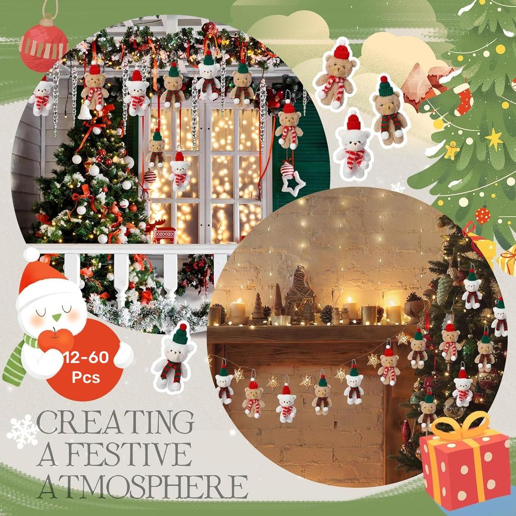 12-60 Stück Weihnachten Stofftiere Mini Teddybären Großpackung Weihnachts-Plüschtiere für Weihnachtsfeier Gastgeschenke Weihnachtsbaumschmuck