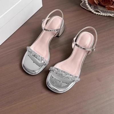 Fashion Silver Block Heel Sandals Women's Summer New French Square-toe Rhinestone Straight Belt Temperament Going Out High Heels
