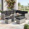 5-Piece Rattan Patio Furniture Set with Corner Sofa, Footstools, Glass Coffee Table, Cushions, Mixed Grey