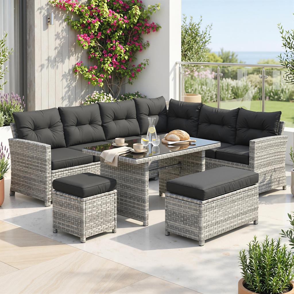 5-Piece Rattan Patio Furniture Set with Corner Sofa, Footstools, Glass Coffee Table, Cushions, Mixed Grey