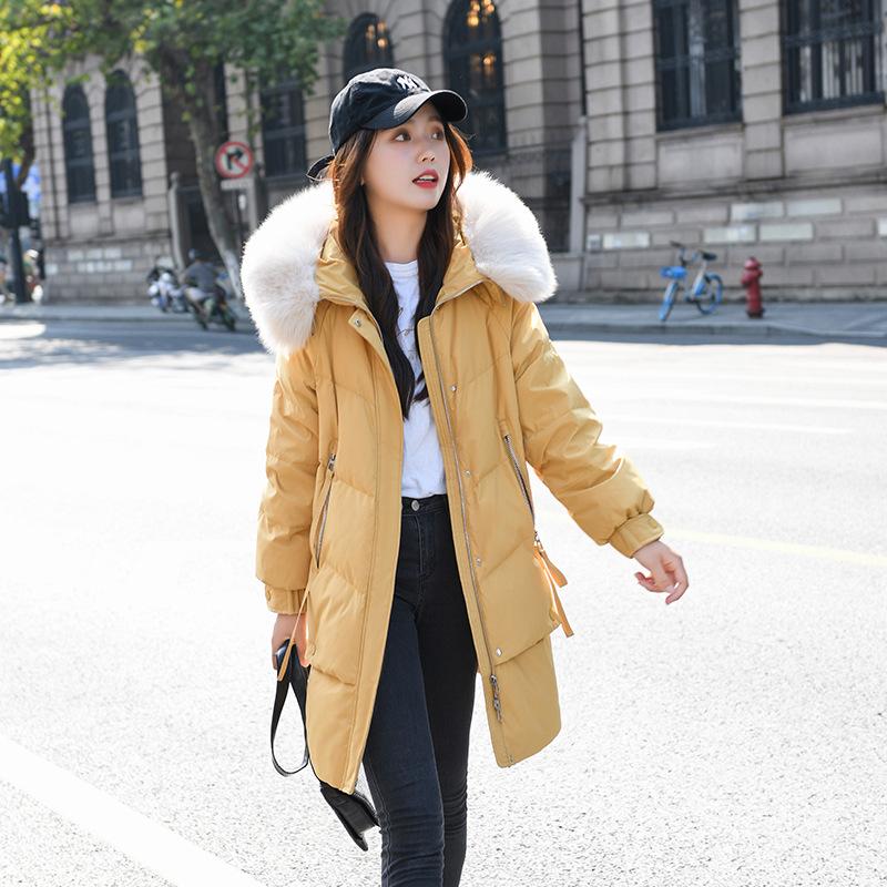 Down padded jacket women's clothing is versatile, 2025 winter new mid-length cotton jacket with large fur collar and thickened padded jacket