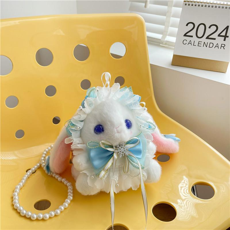 Japanese Lolita Loli Girl Plush Doll Rabbit Bag Student Crossbody Bag Pearl Chain Bag