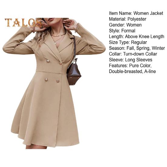 Fall Winter Women Jacket Double-breasted A-line Slim Fit Turn-down Collar Tight Waist Pure Color Formal Business Office Dress Long Sleeve Commuting