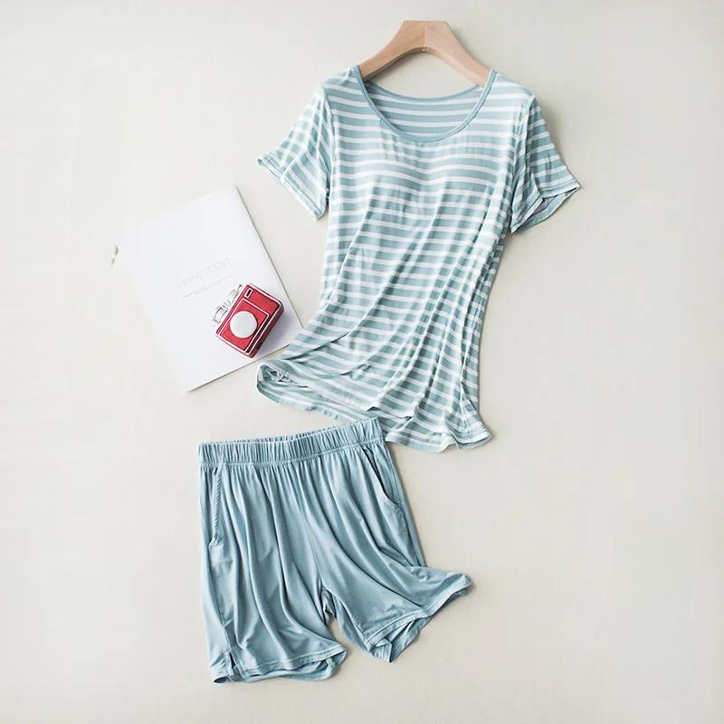 

Новый женский комплект пижамы с короткими рукавами из модала с бюстгальтером и подкладкой, цельный комплект с короткими рукавами и полосатыми шортами, свободный комплект домашней одежды большого размера XXL