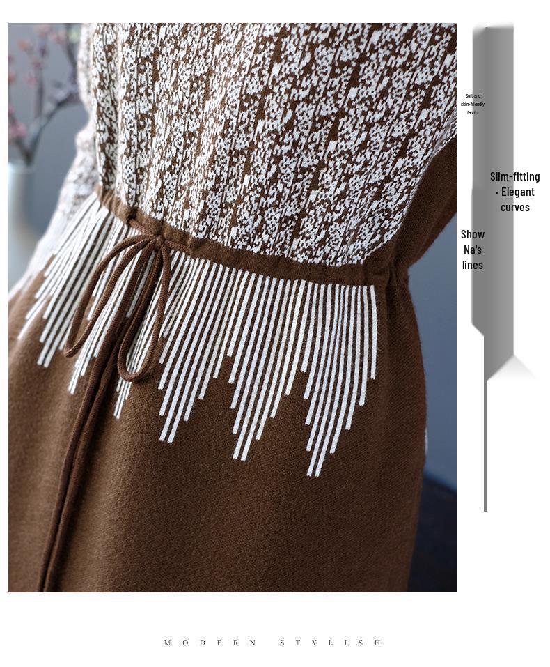 Women's Stylish Autumn & Winter Slimming Knit Wool Dress with Waist-Cinching and Printed Inner Layer