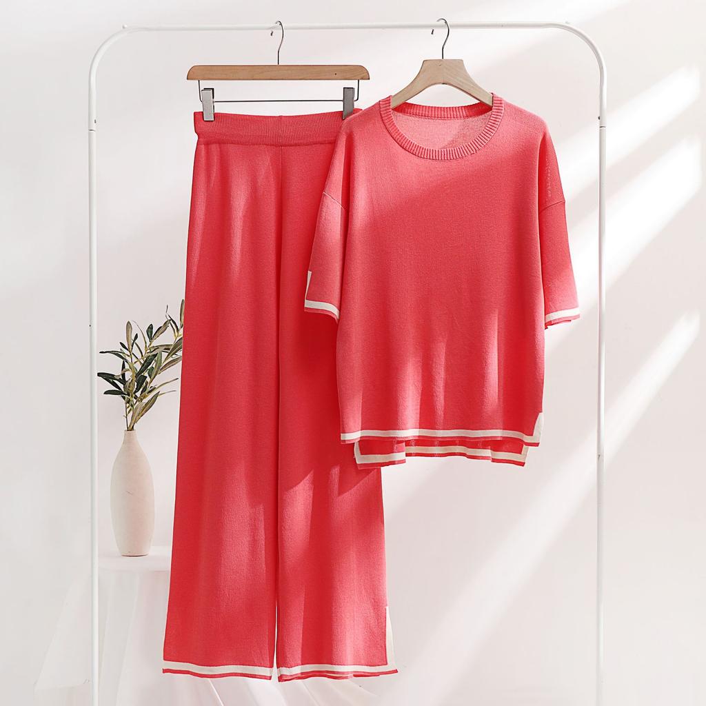 Ice Silk Knitted Suit Women's Suit Spring and Summer Two-piece Set Short-sleeved Splicing Casual and Thin Fashion