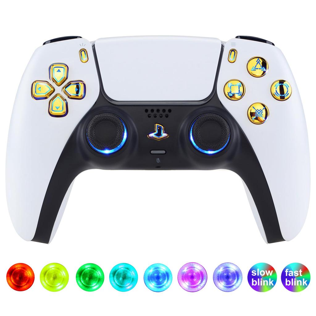 This is not a but an eXtremeRate DTF V3 LED Kit for PS5 controllers and featuring plated multicolor illuminated share and home face controller, (Gold)