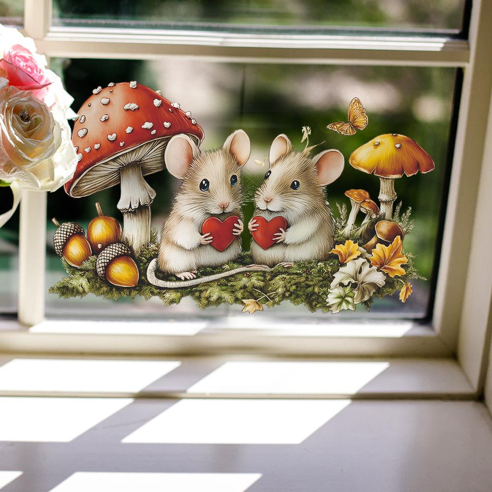 Self-adhesive Wall Stickers Couple Mice and Mushrooms for Entryway Hallway Home Decor