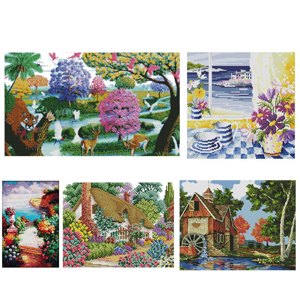 Landscape DIY Cotton Printed Cross Stitch 14CT Stamp Canvas Embroidery ...