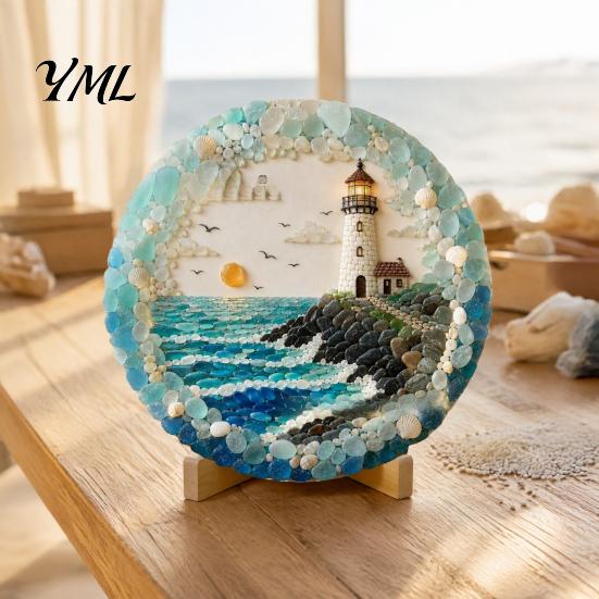 Housewarming Gift for Beach House Lighthouse Sea Glass Art Wall Ornament, Hand Assembled Shells And Tumbled Decorative Ornament Decor, Style