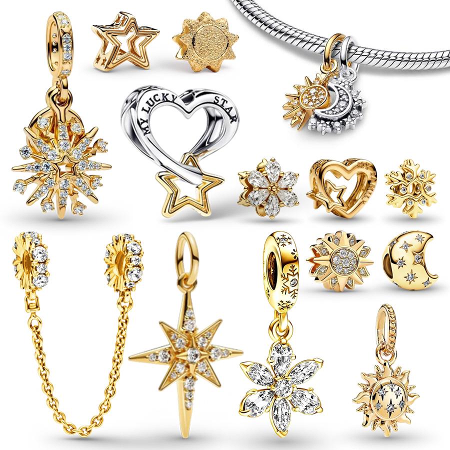 New Sparkling Golden Splittable Sun & Moon North Star Firework Charms Radiant Star Beads Fit Original Bracelets DIY Jewelry Gift
