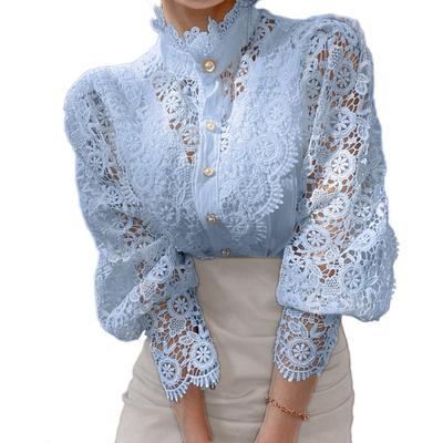 Frauen Stehkragen Spitze Patchwork Shirts Casual Aushöhlen Blume Blütenblatt Hülse Taste Tops Weiße Shirts für Frauen