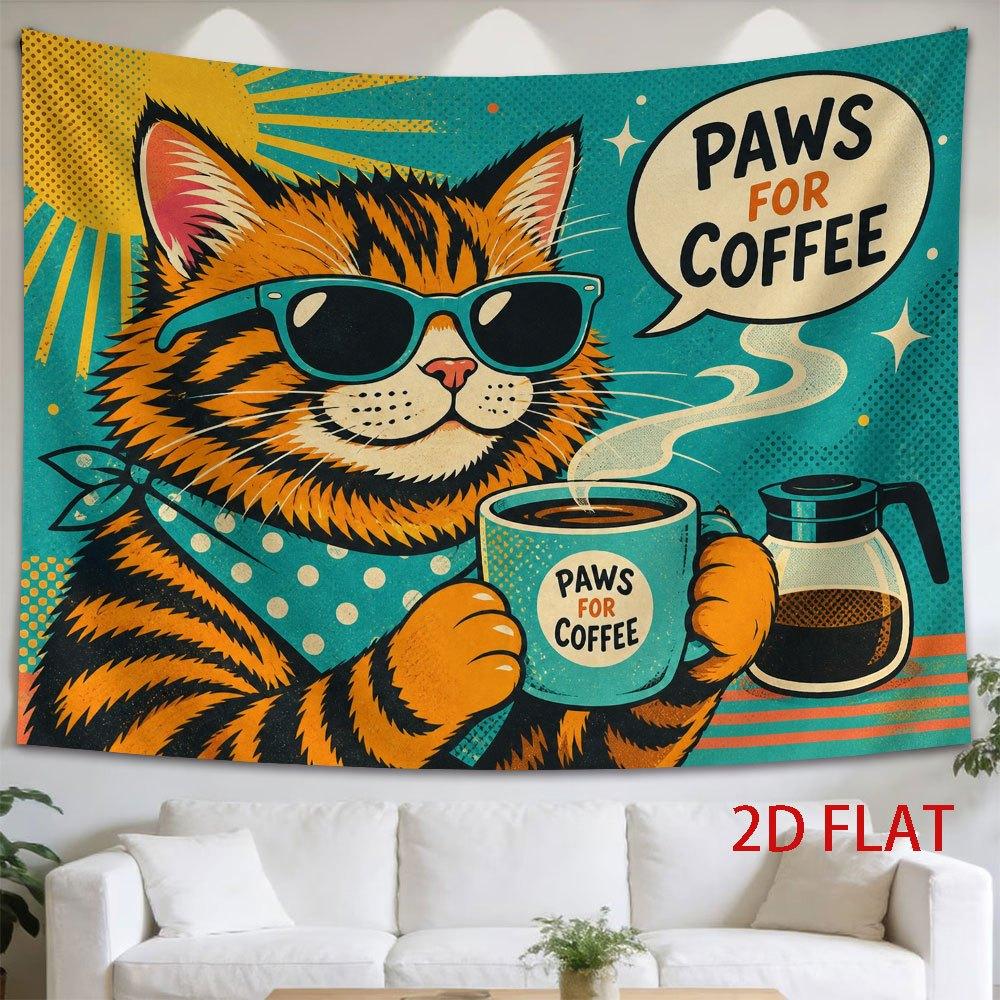 1pc Tapestry A Cool Orange Cat Wearing Sunglasses Holding a Coffee Mug, Basking in The Sun with a Relaxed Vibe