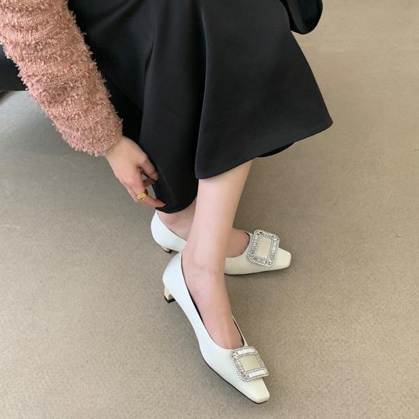 Spring new light mouth single shoes black boat shoes square buckle rhinestone thick heel square head ladyshoes low heel high heels