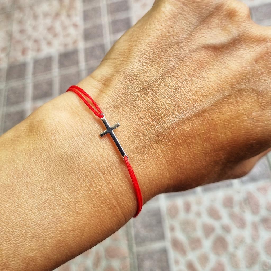Adjustable 925 Sterling Silver Bracelet with Cross Charm and Red Silk Cord for Women Fashion Jewelry Gift