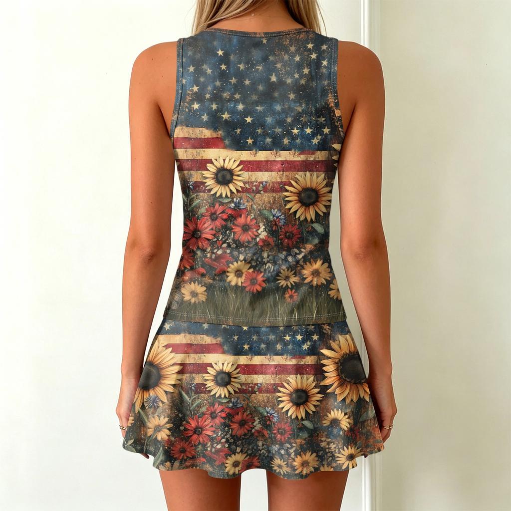 Sleeveless Tank Dress with Flag and Sunflower Print Casual Fit Flared Hem Lightweight Soft Fabric Summer Wear for Women Juniors
