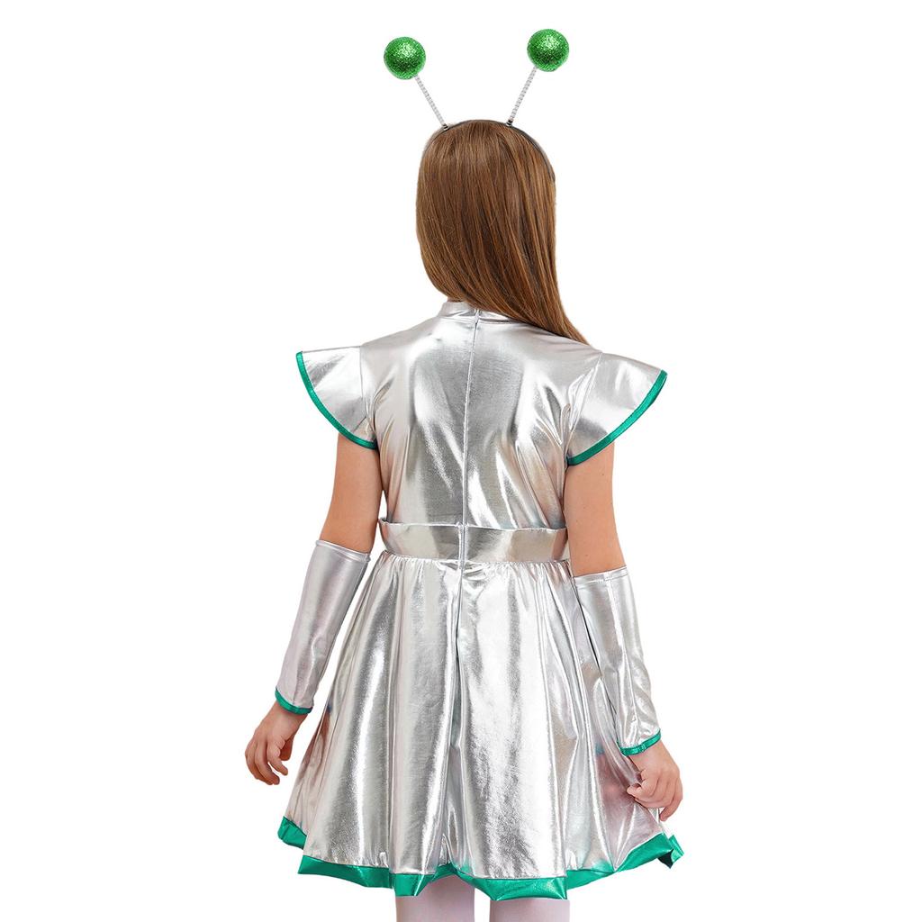 Girls Halloween Alien Cosplay Costume Set Outer Space Cutie Dress Arm Sleeves Hair Hoop Accessories