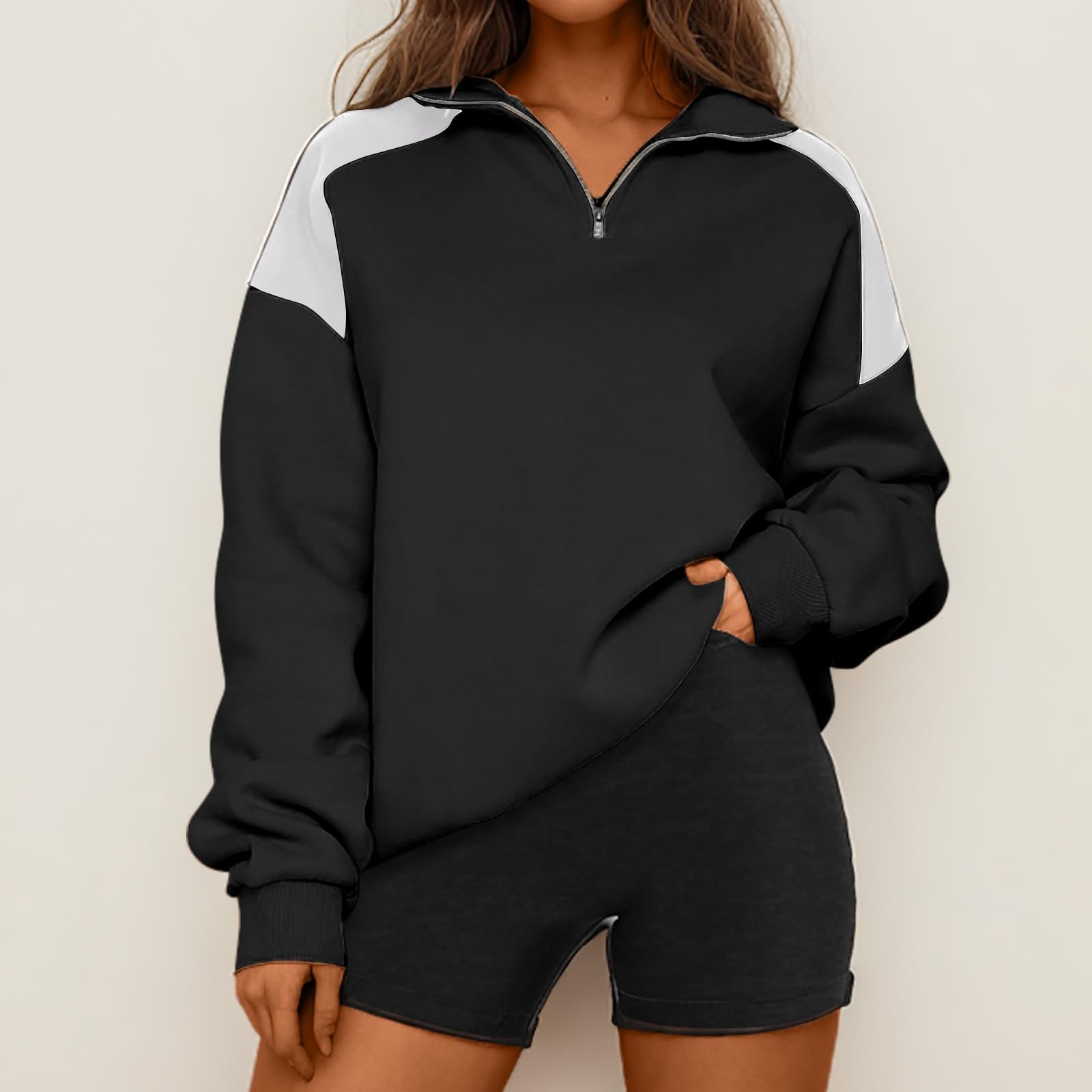 Womens Quarter Zip Pullover Sweatshirt Loose Fit Casual Plain Pullover Hoodie Lightweight Long Sleeve Top for Everyday Wear XL