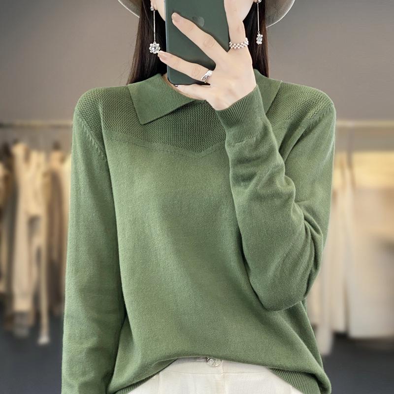 GMXIA Autumn and Winter Knitted Sweater, Women's POLO Neck Solid Color Long-sleeved Sweater, Loose Solid Color Knitted Base Layer