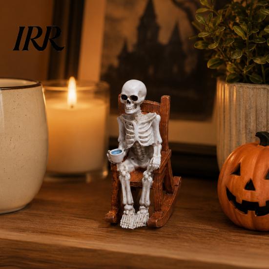 Collectible Skeleton Shelf Sitter Halloween Figurine, Resin Sitting On Rocking Chair Statue, Drinking Funny Dark Holiday Figurines Coffee Crocheting