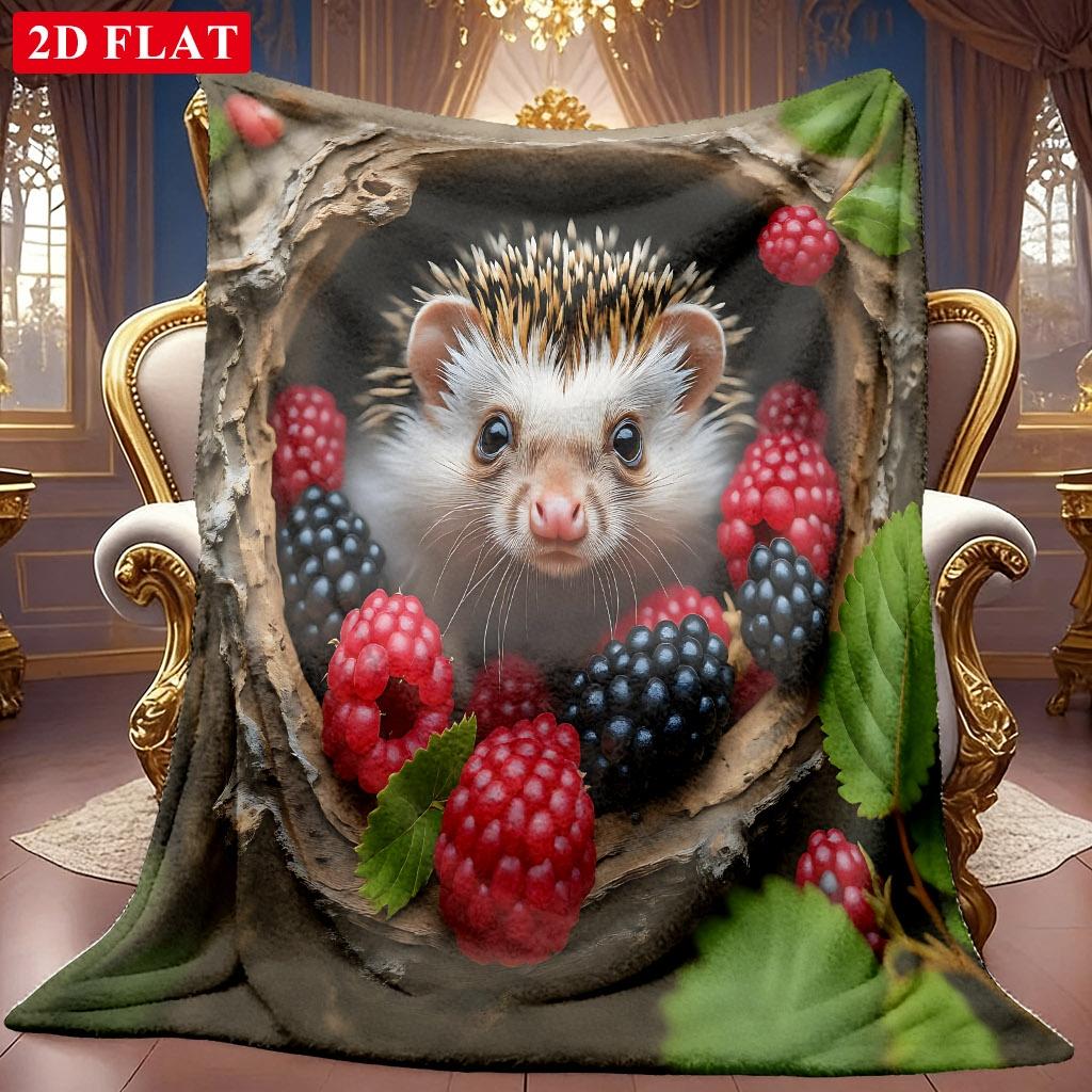 1pc 2D Cute Hedgehog And Berry Theme Pattern Flannel Blanket, Soft HD Digital Print, Cooling Blanket All-Season Use! Soft And Breathable 100% Polyeste