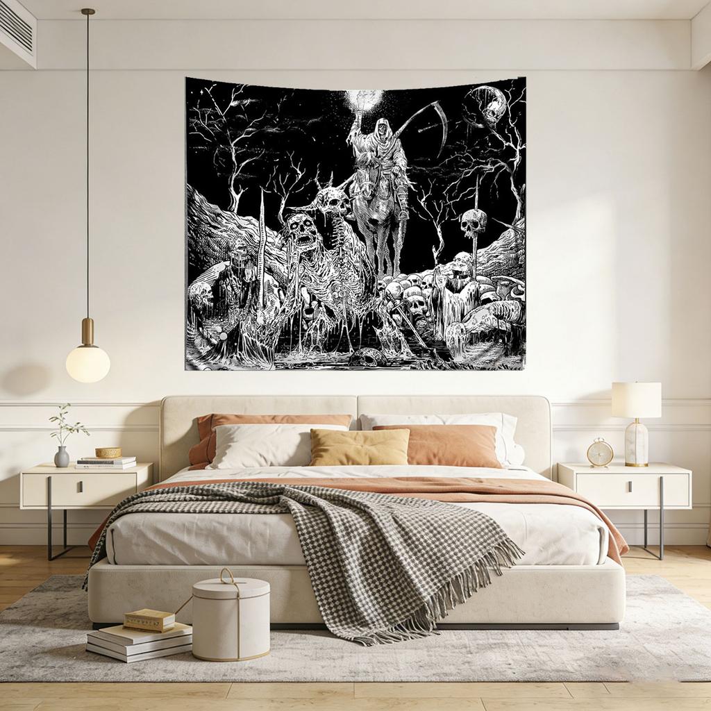 Black & White Gothic Skull Tapestry | Flat Printed Dark Ghost Rider Night Sky Moon Wall Hanging For Bedroom & Living Room Horror