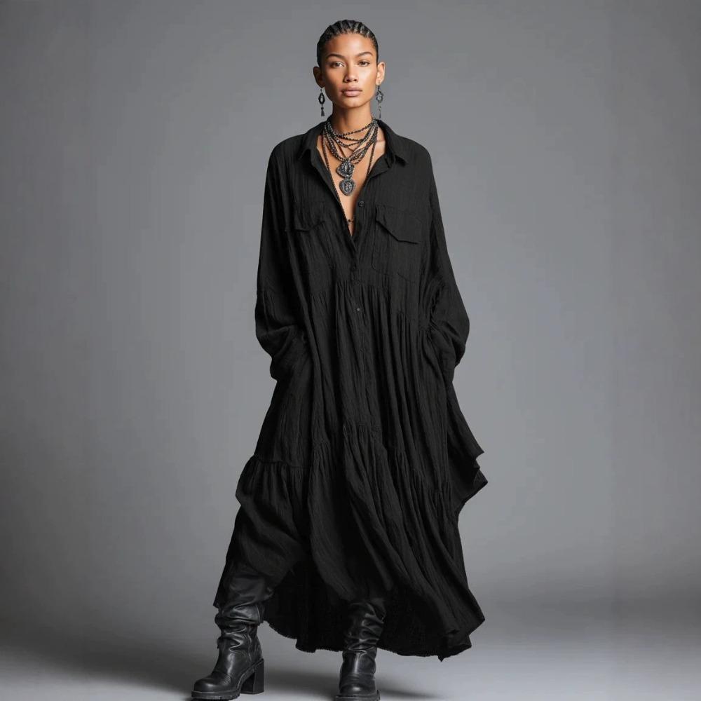 Women's Shirt Collar Three Quarter Sleeve Maxi Dress Loose Fit Relaxed Waist Vintage Solid Color Ruched Shirt Dress