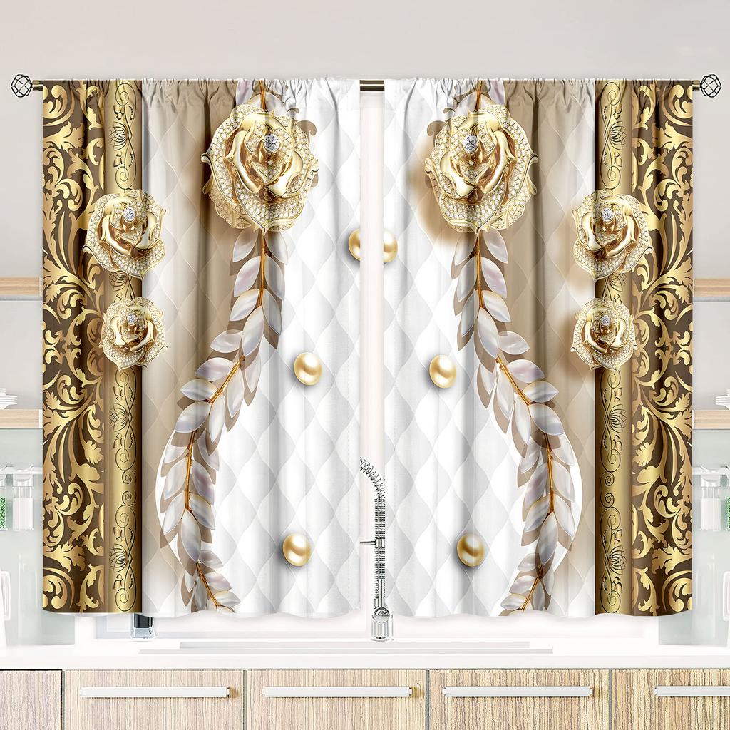Two pieces pieces of Classic Vintage gold Diamond Roses printing curtain - polyester material - suitable for bedroom living room study room anti