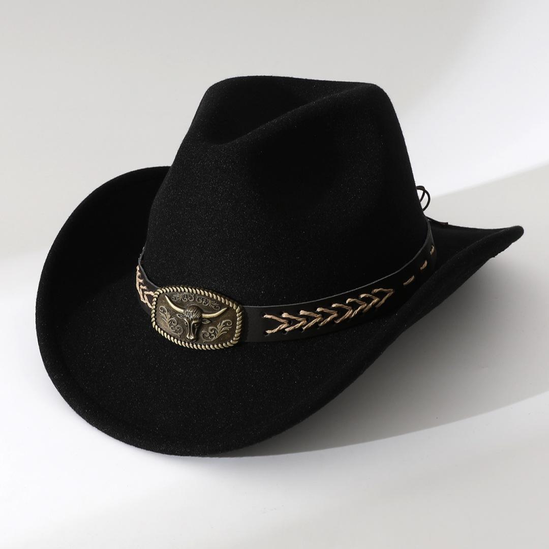 

New style western cowboy hat with bull head decoration, autumn and winter woolen hat for men and women, suitable for horseback riding European and Average Size чёрный