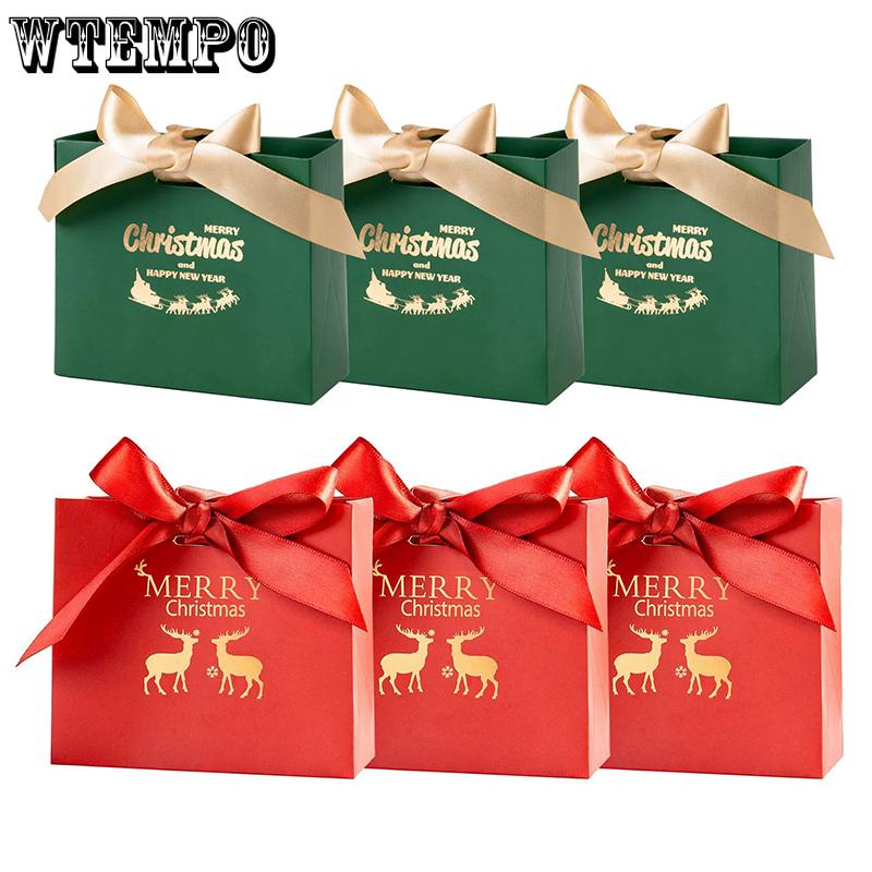 WTEMPO Christmas Ribbon Bow Gift Boxes Christmas Party Decor Packaging Boxes DIY Foldable Paper Bags Perfect for Halloween New Year
