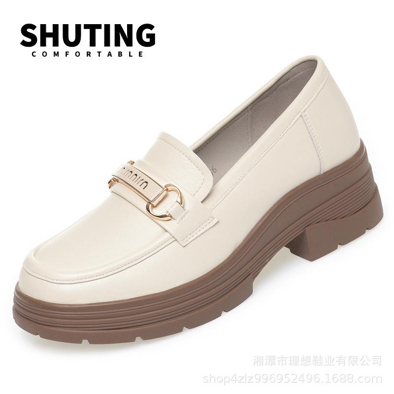 

Fashion British Style Thick Bottom Soft Leather Loafers Women s Platform Office Elegant Shoes 2024 Spring Shallow Block Heels Shoes 36(Foot23cm)