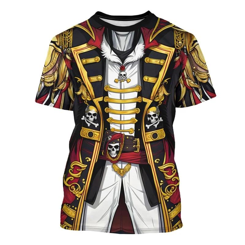 Fun Role-playing Costume Round Neck Short Sleeved Tailcoat THE Pirate Captain Pattern Men's T-shirt New Fashionable Party Top