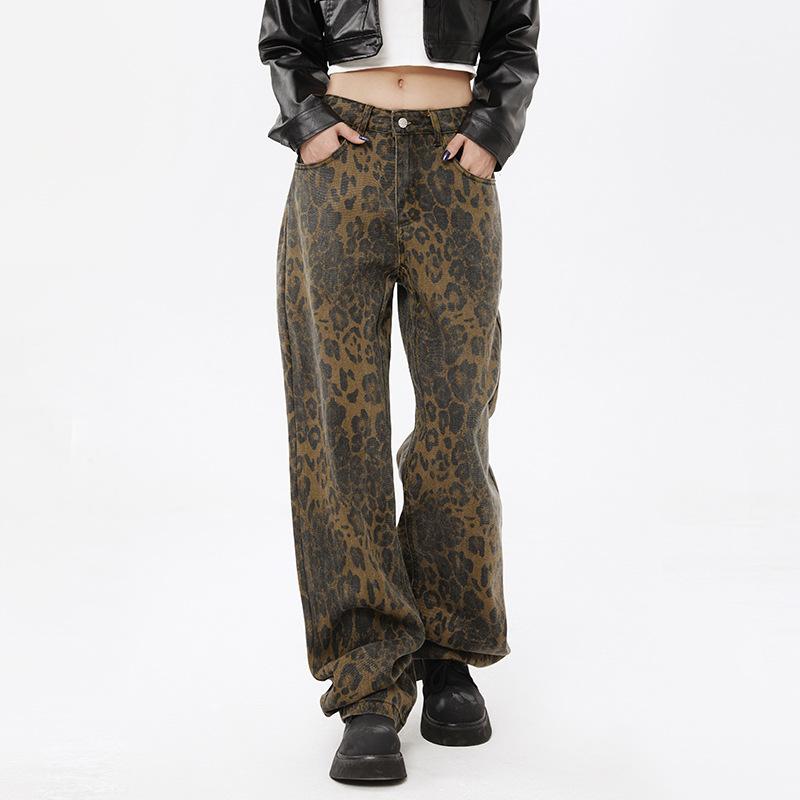 Street Leopard Print Jeans Men's American High Street Niche Design Loose Straight Trousers