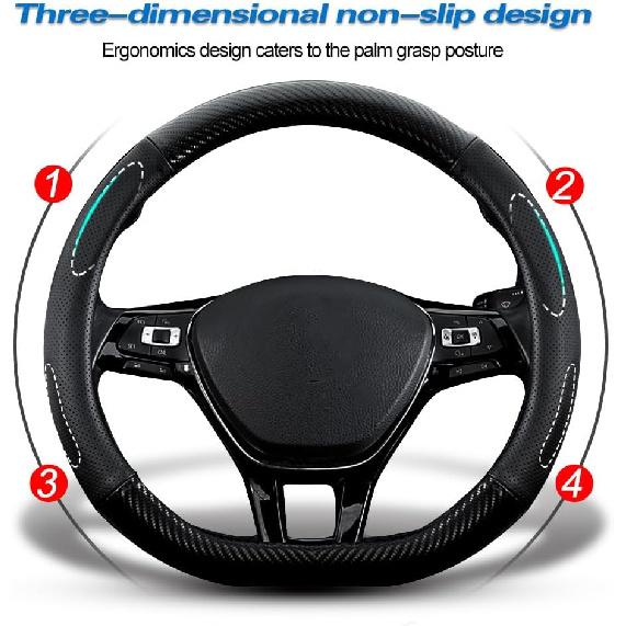 Car Carbon Fiber And Leather D-Shape Steering Wheel Cover, Stylish Car Non-Slip Leather Car Interior 15 Inches Universal Black