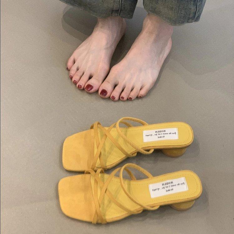 Soft Leather Version~ French Gentle Thick-heeled Sandals Female Evening Breeze with Skirt Open-toed Fairy Square Head with Cool Slippers