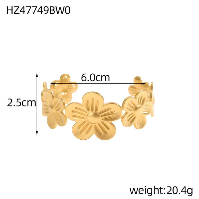 CARLIDANA Exquisite Gold Plated Waterproof Jewelry Gift Stainless Steel Flowers Open Chunky Cuff Bracelet Bangle for Women