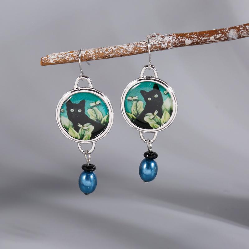 Elegant Vintage Black Cat Patterned Imitation Pearl Pendant Earrings for Women's Daily Party Pendant Jewelry Accessories