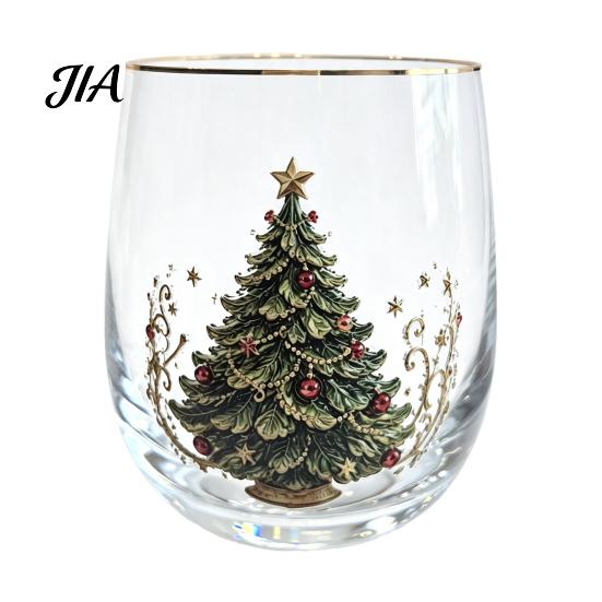 Decoración del Hogar Cristalería Vasos para Cócteles Navideños, Vaso con Diseño de Papá Noel Muñeco de Nieve Reno Árbol, 300ml Sin Plomo Cristalería para Mesa Festiva
