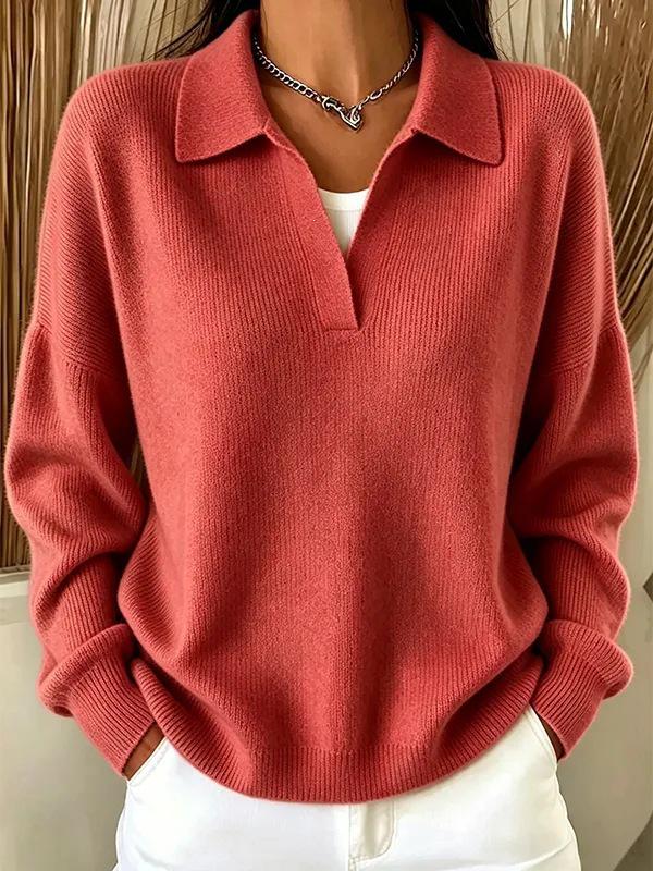 2026 European Ribbed Collar Knit V-Neck Polo Sweater: Spring/Autumn, Loose Fit, Slimming, Casual
